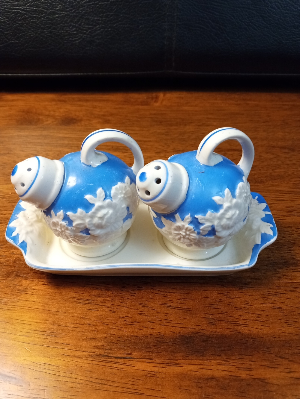 Vintage 3 Piece Blue and White Floral Ceramic Salt and Pepper Shakers Set